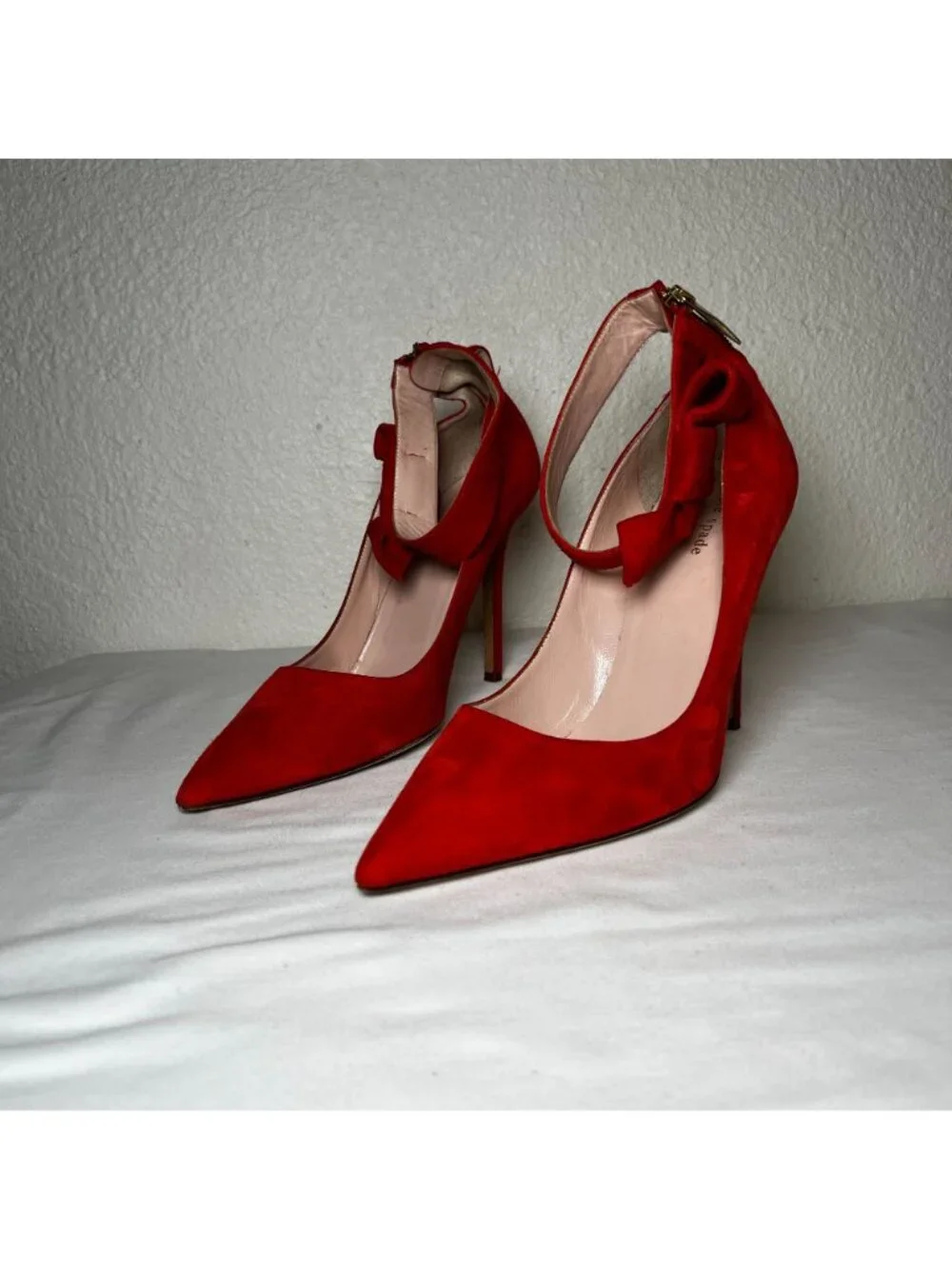 Kate Spade Levie Ankle Strap Bow Suede Stiletto Pumps Red Pointed Toe Size 10